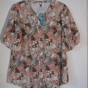 * Cicibird Floral Blouse XL New NWT $39 Peach Brown Floral Button Up